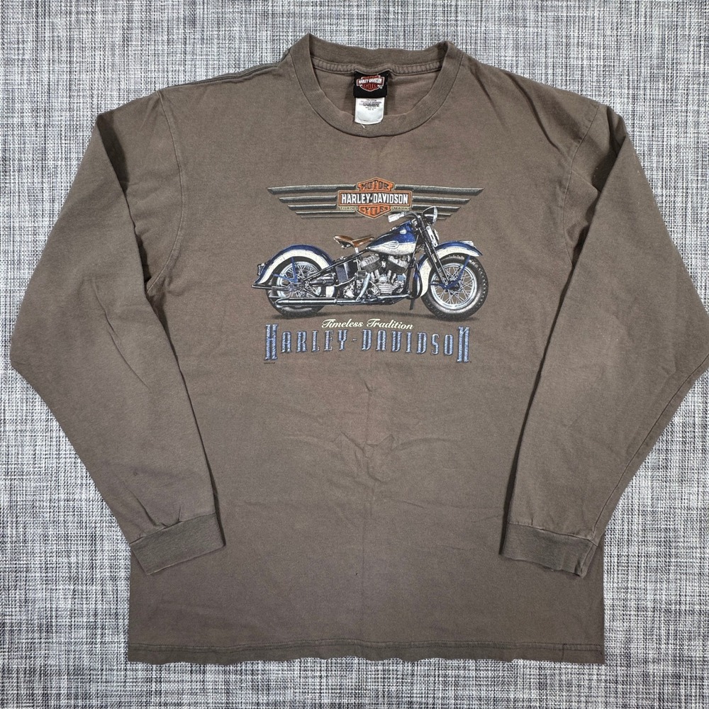 Harley Davidson Shirt Mens XL Brown Long Sleeve USA Cotton Charlotte Motorcycle